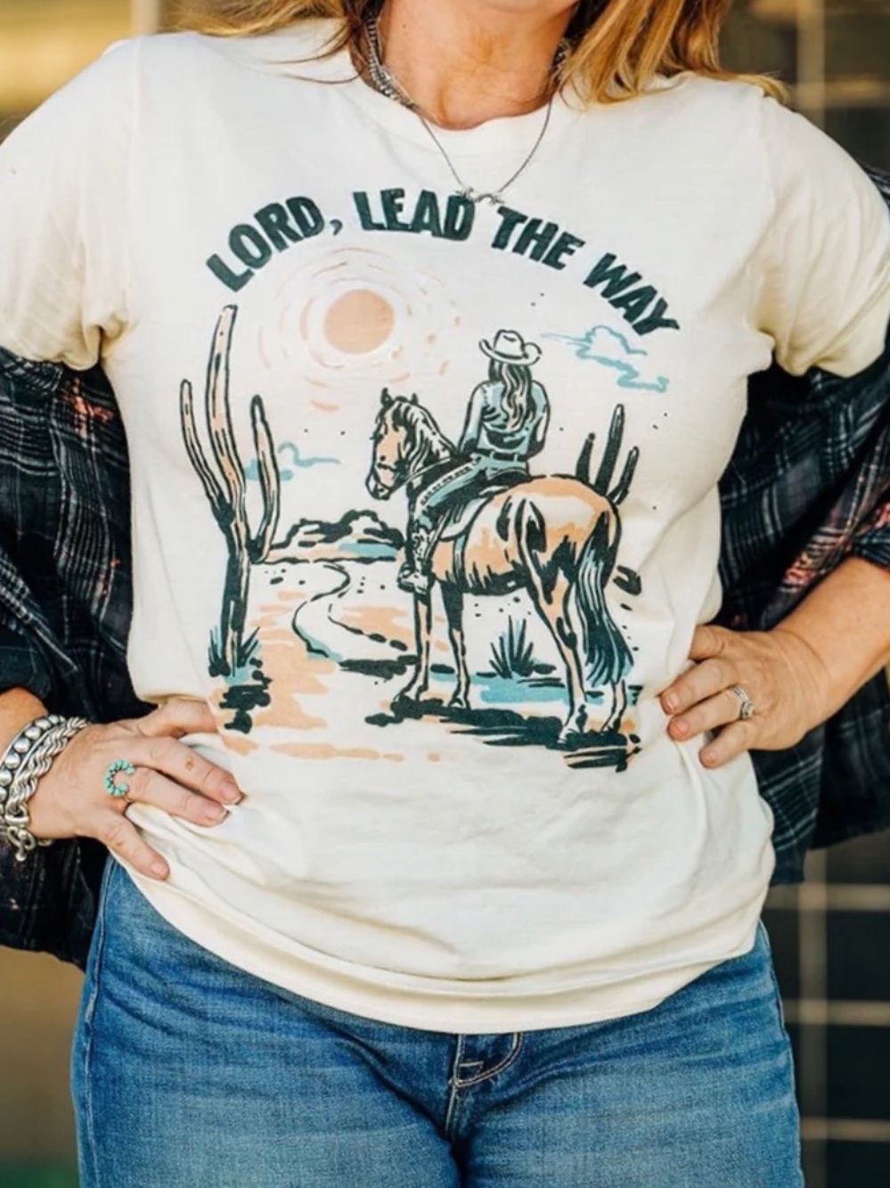 crazy Contessa  Lord, Lead The Way Graphic Tee - Cream Cowboy Design. Large